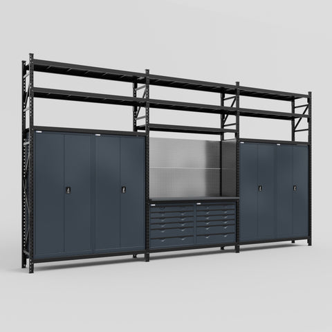 M222 Modular Work Bench with Shelves - H3100mm x W5640mm | Laminate WBT | Dark Grey