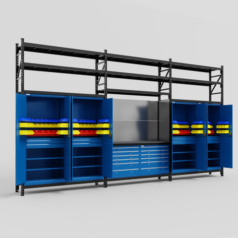 M222 Modular Work Bench with Shelves - H3100mm x W5640mm | Laminate WBT | Blue