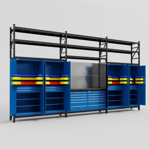M222 Modular Work Bench with Shelves - H3100mm x W5640mm | Laminate WBT | Blue