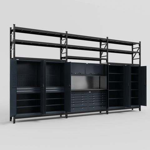 M222 Modular Work Bench with Shelves - H3100mm x W5640mm | Laminate WBT | Dark Grey