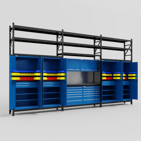 M222 Modular Work Bench with Shelves - H3100mm x W5640mm | Laminate WBT | Blue