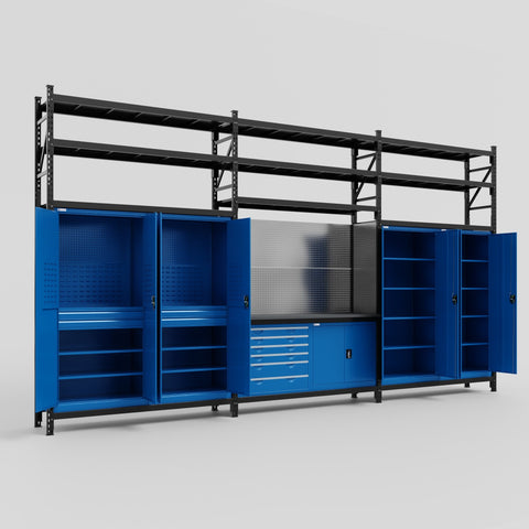 M222-3S Modular Work Bench with Shelves - H3100mm x W5640mm | Laminate WBT | Blue