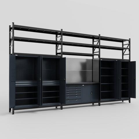 M222-3S Modular Work Bench with Overheads & Shelves - H3100mm x W5640mm | Laminate WBT | Dark Grey