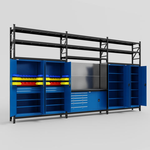 M222-3S Modular Work Bench with Shelves - H3100mm x W5640mm | Laminate WBT | Blue