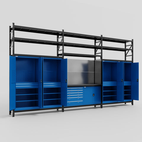 M222-3S Modular Work Bench with Shelves - H3100mm x W5640mm | Laminate WBT | Blue