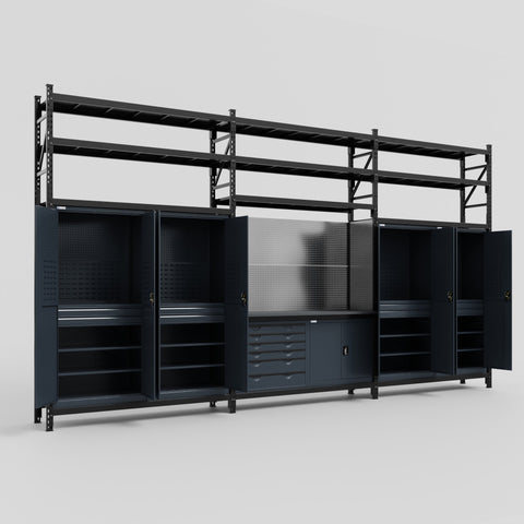 M222-3S Modular Work Bench with Shelves - H3100mm x W5640mm | Laminate WBT | Dark Grey