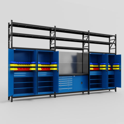 M222-3S Modular Work Bench with Shelves - H3100mm x W5640mm | Laminate WBT | Blue
