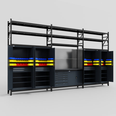 M222-3S Modular Work Bench with Shelves - H3100mm x W5640mm | Laminate WBT | Dark Grey
