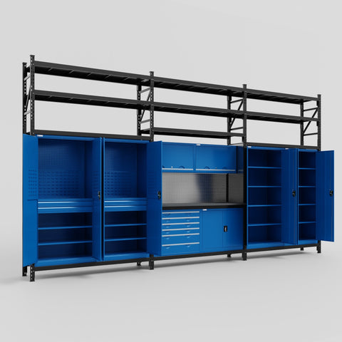 M222-3S Modular Work Bench with Shelves - H3100mm x W5640mm | Laminate WBT | Blue