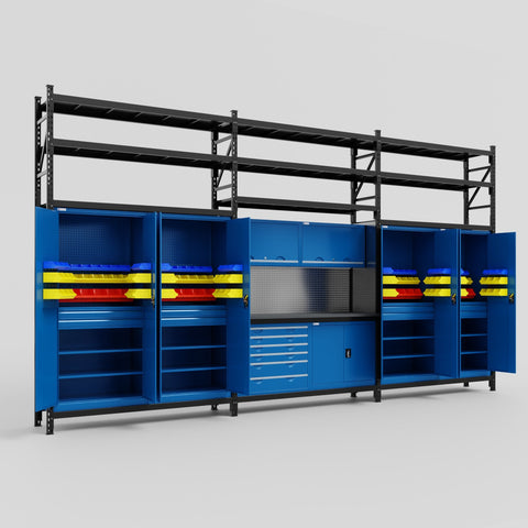 M222-3S Modular Work Bench with Shelves - H3100mm x W5640mm | Laminate WBT | Blue