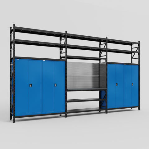 M222 Modular Work Bench with Shelves - H3100mm x W5640mm | Laminate WBT | Blue
