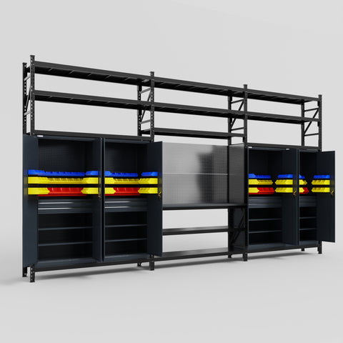 M222 Modular Work Bench with Shelves - H3100mm x W5640mm | Laminate WBT | Dark Grey