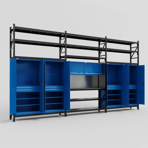 M222 Modular Work Bench with Shelves - H3100mm x W5640mm | Laminate WBT | Blue