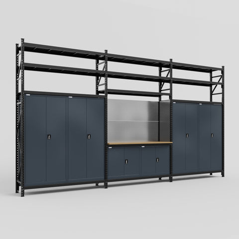 M222 Modular Work Bench with Shelves - H3100mm x W5640mm | MDF WBT | Dark Grey