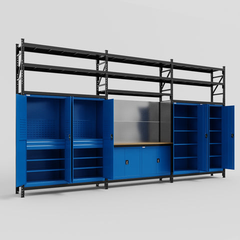 M222 Modular Work Bench with Shelves - H3100mm x W5640mm | MDF WBT | Blue
