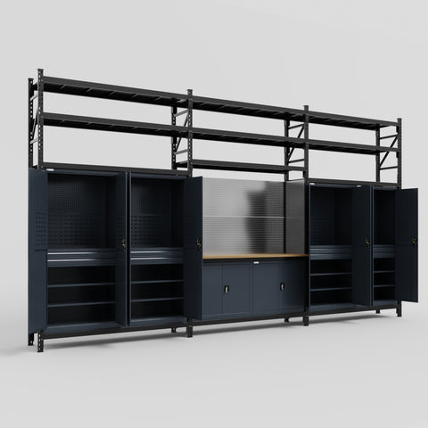 M222 Modular Work Bench with Shelves - H3100mm x W5640mm | MDF WBT | Dark Grey