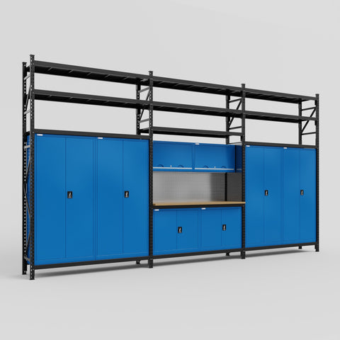 M222 Modular Work Bench with Shelves - H3100mm x W5640mm | MDF WBT | Blue