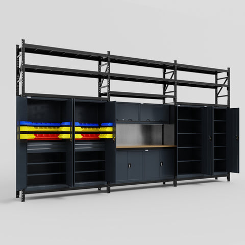 M222 Modular Work Bench with Shelves - H3100mm x W5640mm | MDF WBT | Dark Grey