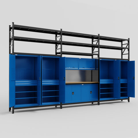 M222 Modular Work Bench with Shelves - H3100mm x W5640mm | MDF WBT | Blue