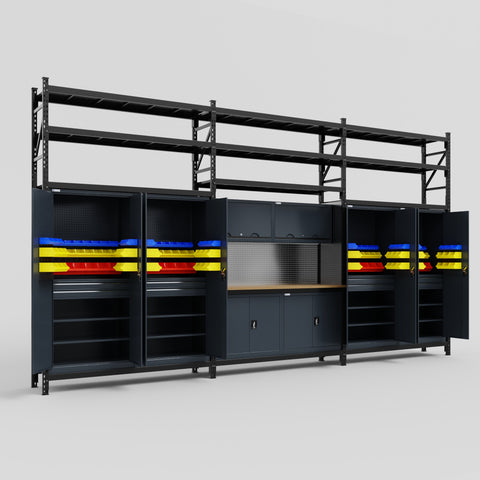 M222 Modular Work Bench with Shelves - H3100mm x W5640mm | MDF WBT | Dark Grey