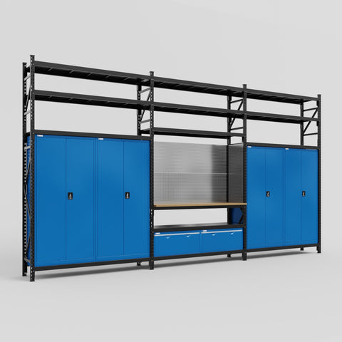 M222 Modular Work Bench with Shelves - H3100mm x W5640mm | MDF WBT | Blue