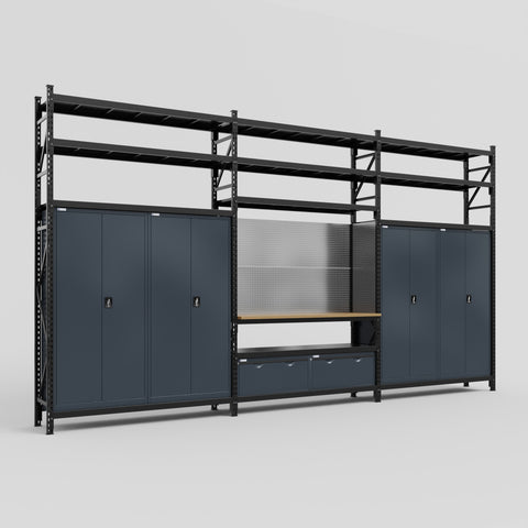 M222 Modular Work Bench with Shelves - H3100mm x W5640mm | MDF WBT | Dark Grey