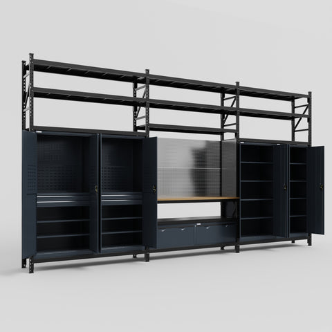 M222 Modular Work Bench with Shelves - H3100mm x W5640mm | MDF WBT | Dark Grey