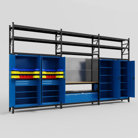 M222 Modular Work Bench with Shelves - H3100mm x W5640mm | MDF WBT | Blue