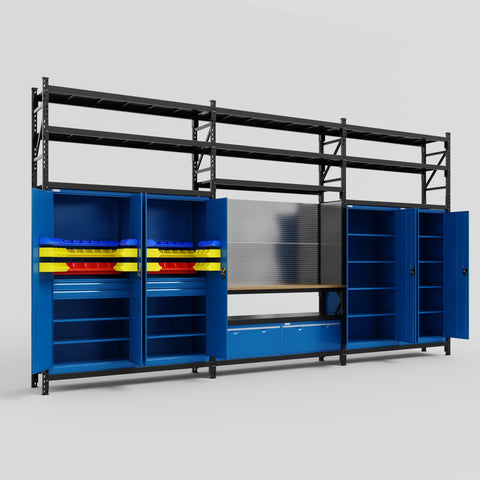 M222 Modular Work Bench with Shelves - H3100mm x W5640mm | MDF WBT | Blue