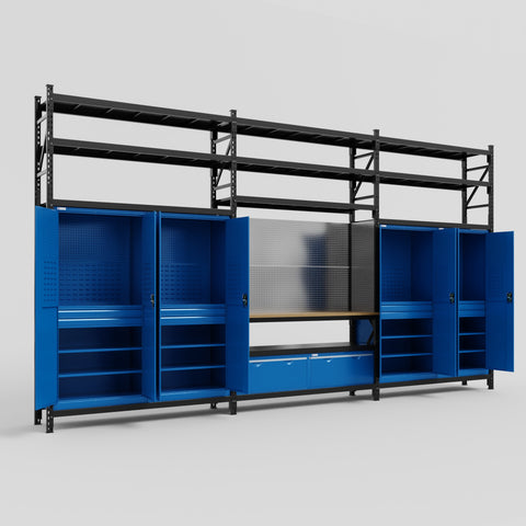 M222 Modular Work Bench with Shelves - H3100mm x W5640mm | MDF WBT | Blue