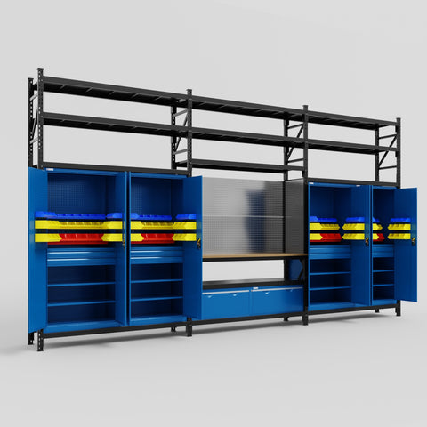 M222 Modular Work Bench with Shelves - H3100mm x W5640mm | MDF WBT | Blue
