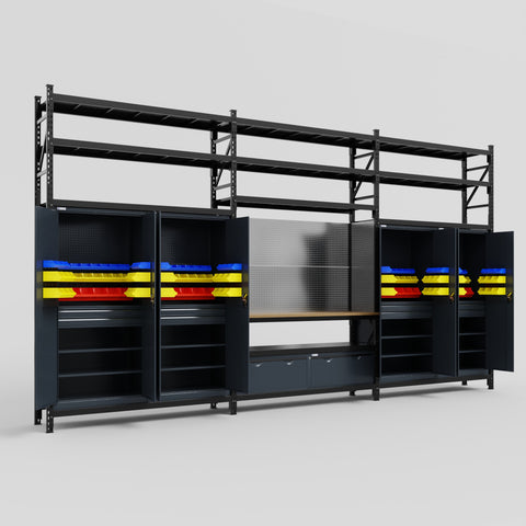 M222 Modular Work Bench with Shelves - H3100mm x W5640mm | MDF WBT | Dark Grey