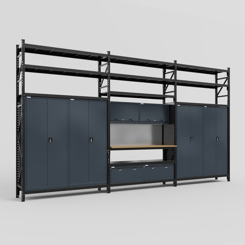 M222 Modular Work Bench with Shelves - H3100mm x W5640mm | MDF WBT | Dark Grey