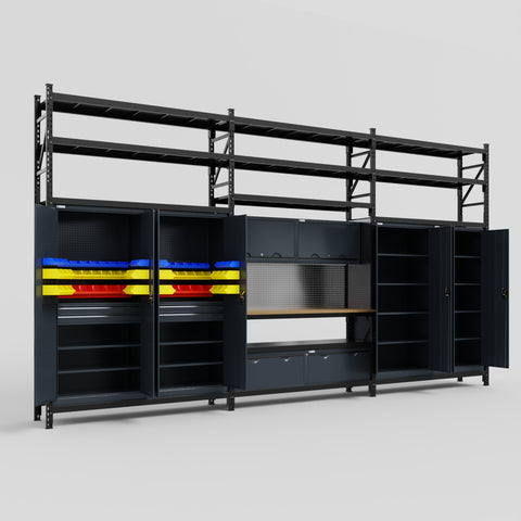 M222 Modular Work Bench with Shelves - H3100mm x W5640mm | MDF WBT | Dark Grey