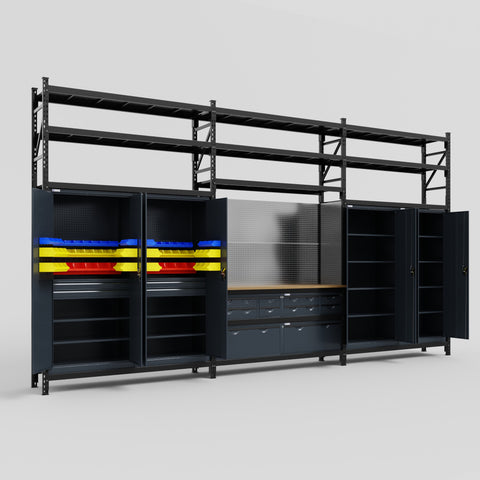 M222 Modular Work Bench with Shelves - H3100mm x W5640mm | MDF WBT | Dark Grey