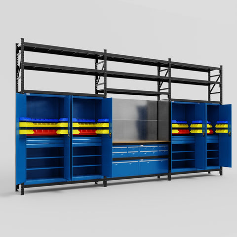 M222 Modular Work Bench with Shelves - H3100mm x W5640mm | MDF WBT | Blue