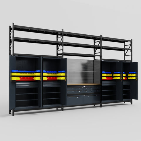 M222 Modular Work Bench with Shelves - H3100mm x W5640mm | MDF WBT | Dark Grey