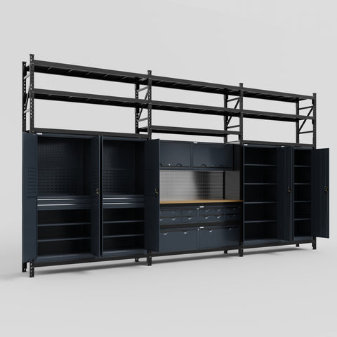 M222 Modular Work Bench with Shelves - H3100mm x W5640mm | MDF WBT | Dark Grey