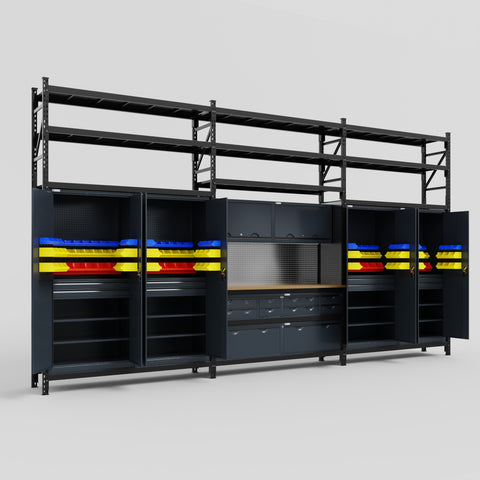 M222 Modular Work Bench with Shelves - H3100mm x W5640mm | MDF WBT | Dark Grey