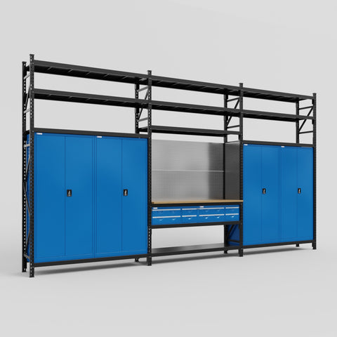 M222 Modular Work Bench with Shelves - H3100mm x W5640mm | MDF WBT | Blue