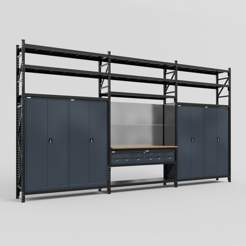 M222 Modular Work Bench with Shelves - H3100mm x W5640mm | MDF WBT | Dark Grey