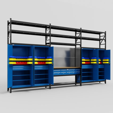 M222 Modular Work Bench with Shelves - H3100mm x W5640mm | MDF WBT | Blue