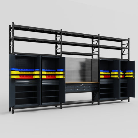 M222 Modular Work Bench with Shelves - H3100mm x W5640mm | MDF WBT | Dark Grey