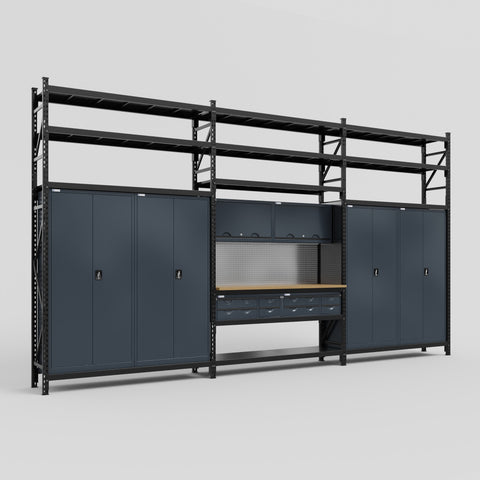 M222 Modular Work Bench with Shelves - H3100mm x W5640mm | MDF WBT | Dark Grey