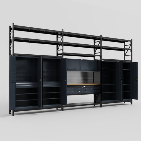 M222 Modular Work Bench with Shelves - H3100mm x W5640mm | MDF WBT | Dark Grey
