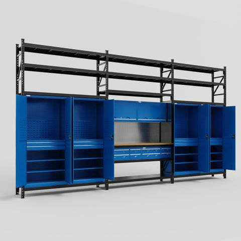 M222 Modular Work Bench with Shelves - H3100mm x W5640mm | MDF WBT | Blue