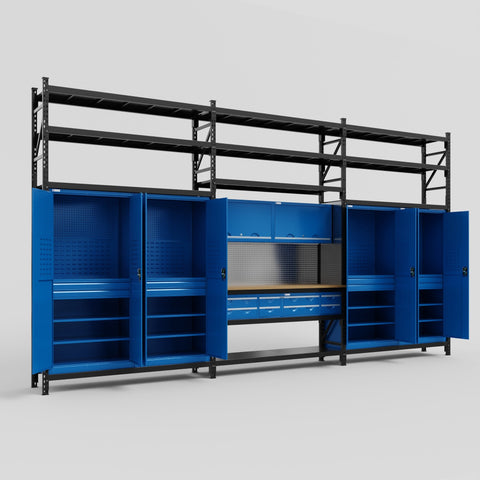 M222 Modular Work Bench with Shelves - H3100mm x W5640mm | MDF WBT | Blue