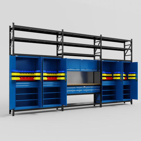 M222 Modular Work Bench with Shelves - H3100mm x W5640mm | MDF WBT | Blue