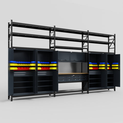 M222 Modular Work Bench with Shelves - H3100mm x W5640mm | MDF WBT | Dark Grey