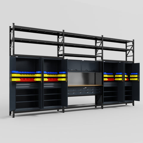 M222 Modular Work Bench with Shelves - H3100mm x W5640mm | MDF WBT | Dark Grey